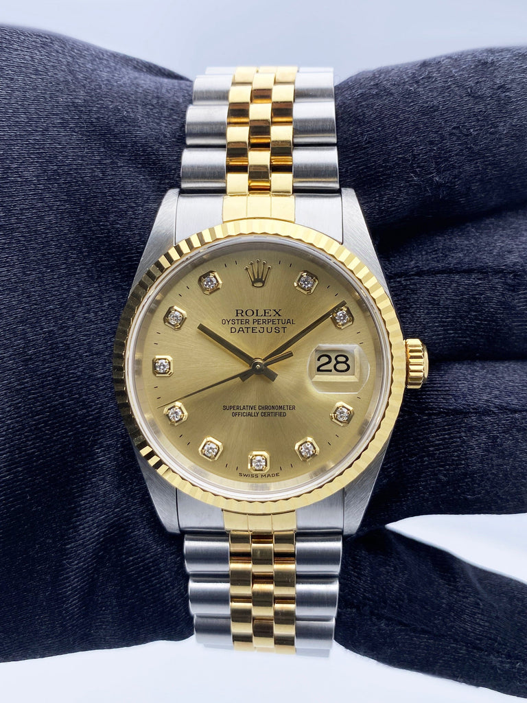 Rolex Datejust Diamond Dial Steel Yellow Gold Mens Watch 16233 Box