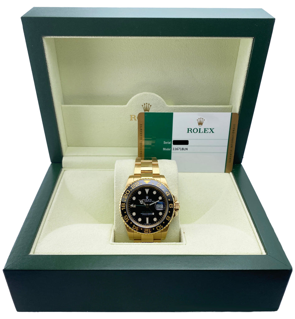 Rolex GMT Master II 116718LN Black Dial Yellow Gold Mens Watch Box Pap