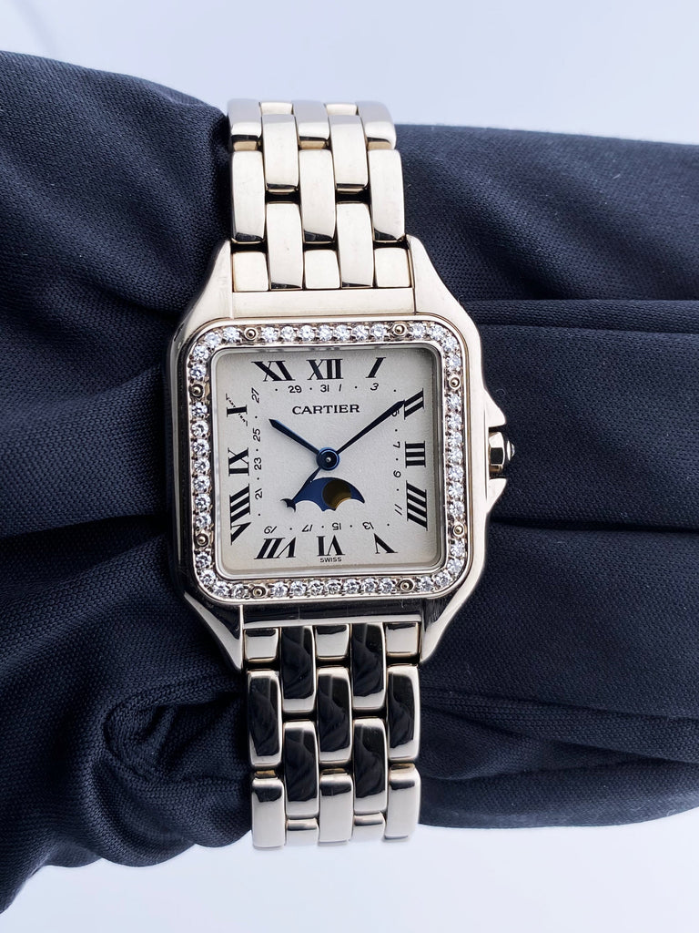 Cartier Panthere 18K White Gold Moon Phase Diamond Ladies Watch Box Papers