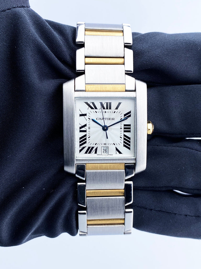 CARTIER TANK FRANCAISE AUTOMATIC LARGE MODEL STAINLESS STEEL AND YELLOW GOLD  WATCH MODEL REFERENCE 2302 — Garnier The Jewellers