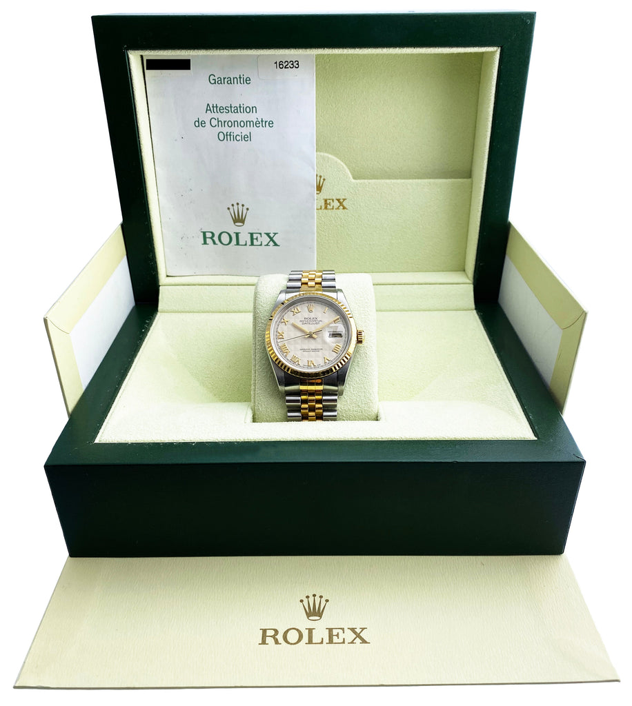 Rolex Datejust 16233 Ivory Pyramid Dial Mens Watch Box Papers
