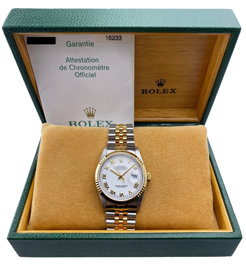 Rolex Datejust 16233 White Dial Two Tone Mens Watch Box Papers