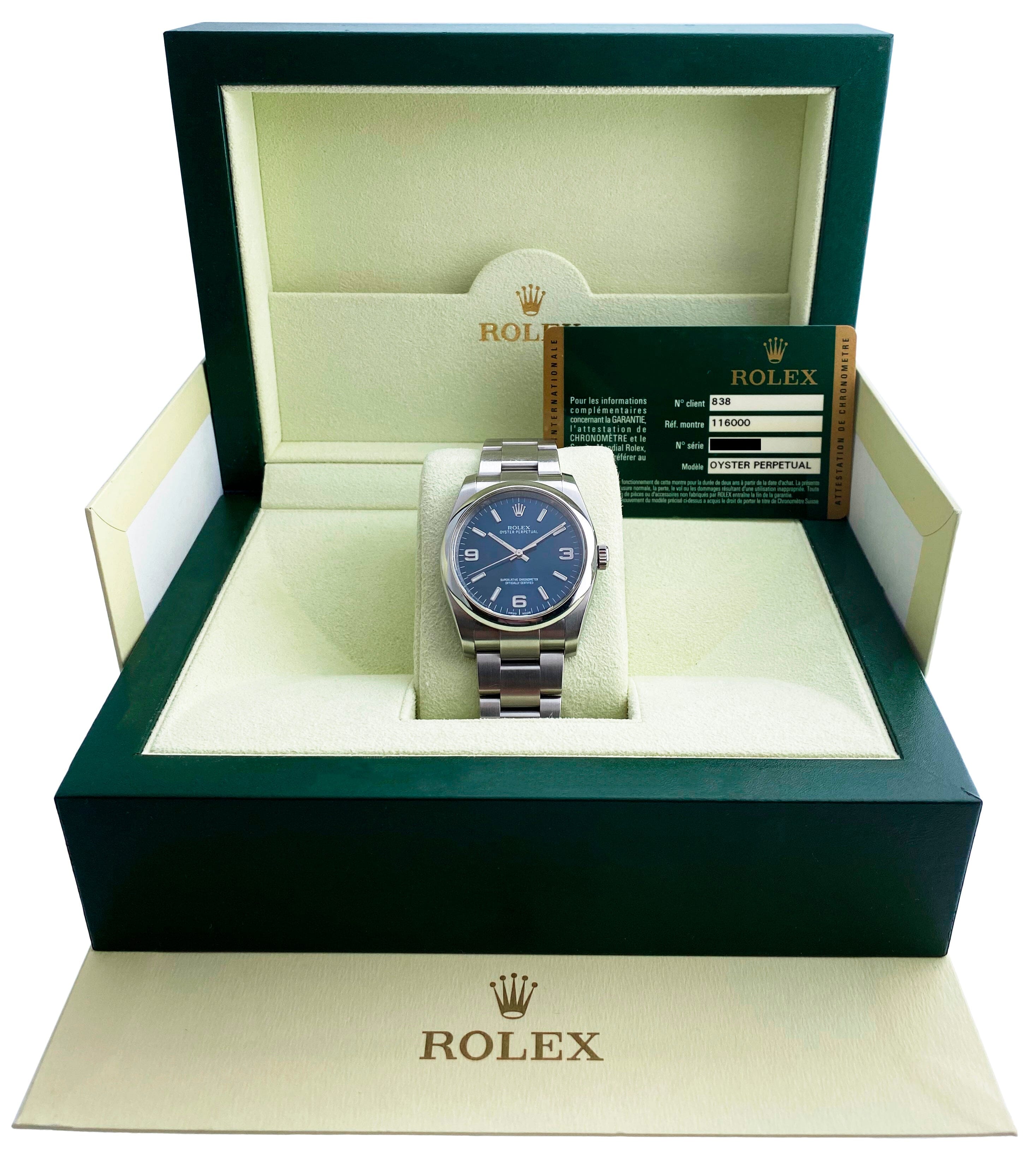 Rolex Oyster Perpetual 116000 Blue Dial Steel Mens Watch Box Papers