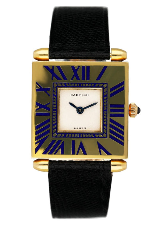 Cartier Tank Carré Obus W852 Blue Enamel 18K Yellow Gold Ladies Watch