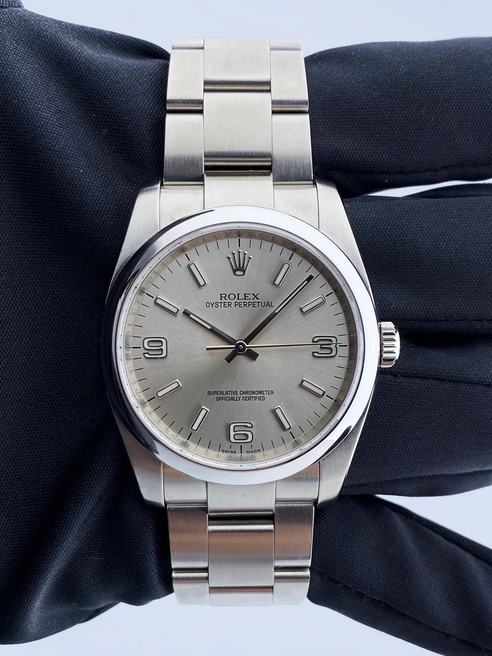 Rolex Oyster Perpetual 116000 Silver Dial Steel Mens Watch Box Papers